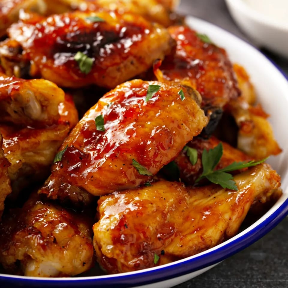 Close-up of Kings Duck Bar&Grill's glazed chicken wings, garnished with fresh parsley in a white bowl.